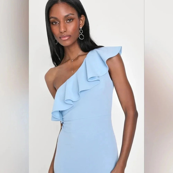 Lulus Last Forever Powder Blue One-Shoulder Ruffle Maxi Dress Wedding Party Prom - Picture 4 of 10